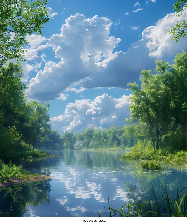 Blue sky, white clouds, green trees and碧水