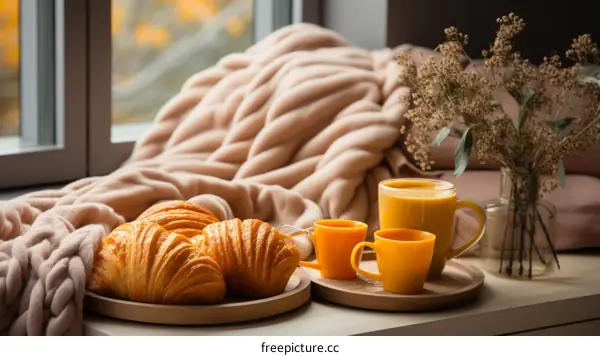Cozy still life with croissants, coffee, and a blanket by window