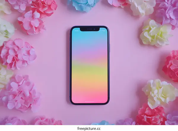 Colorful Flowers Surrounding a Smartphone on a Pink Background