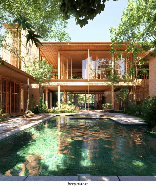 Modern Wooden House with a Swimming Pool and Lush Greenery