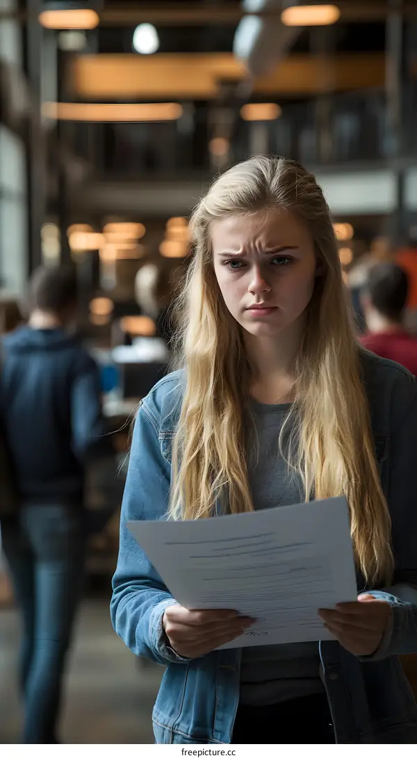 Young Woman Reading Paper in a Busy Public Space