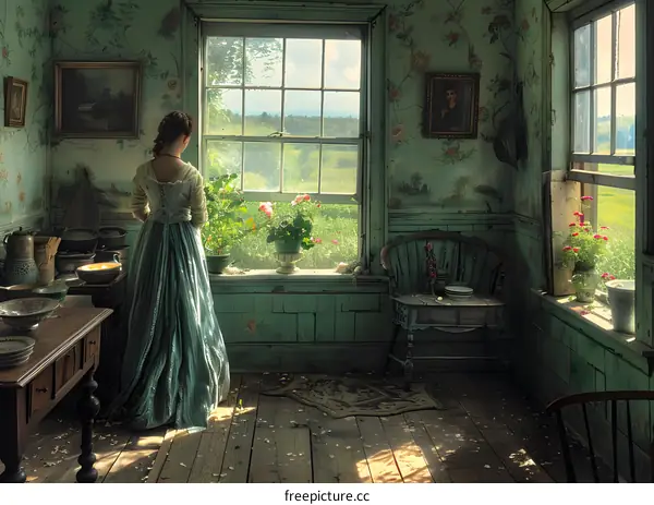 A woman standing in a room with a window