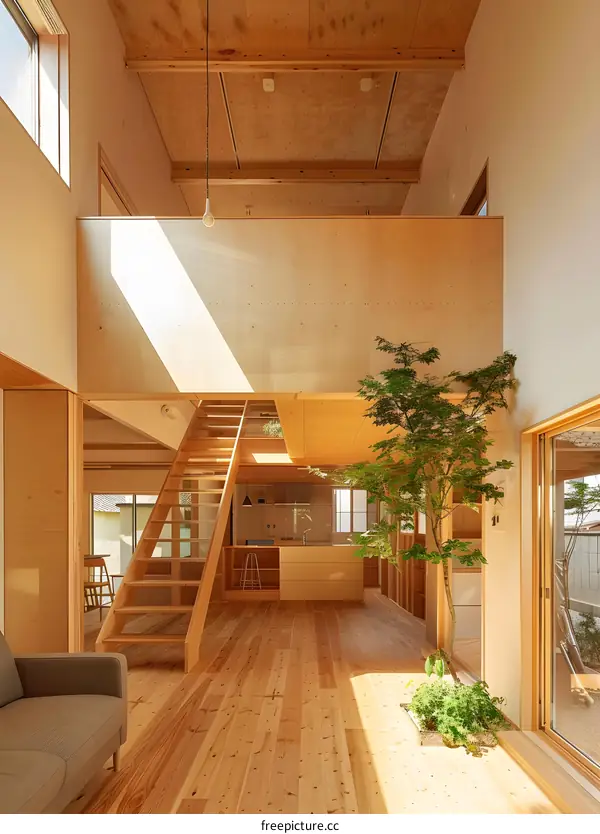 Wooden Interior Design With Staircase And A Tree In The Middle