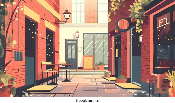 Charming Brick Alleyway with Cafe Table and Streetlights