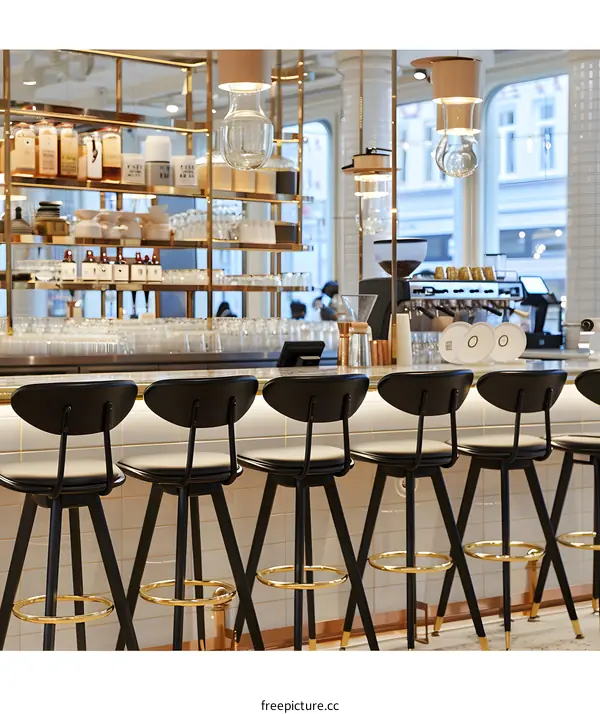 Black and Gold Bar Stools in a Modern Cafe Interior