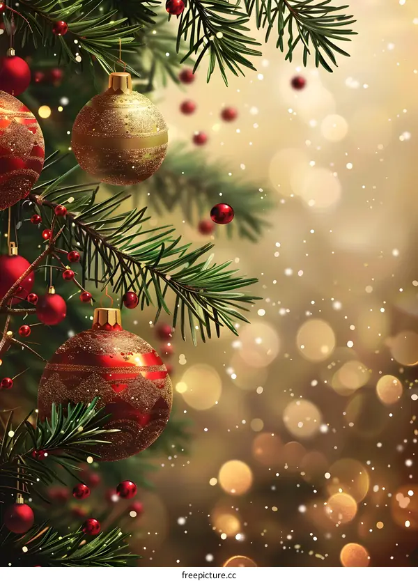 Christmas ornaments hanging on a fir tree branch