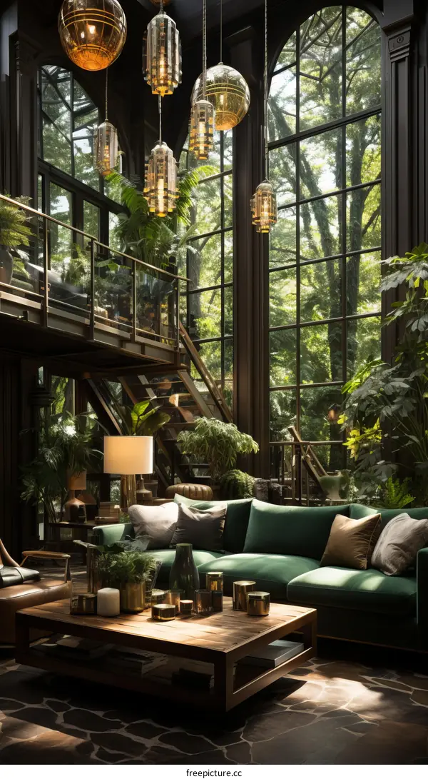 A lush living room with a green sofa and large windows