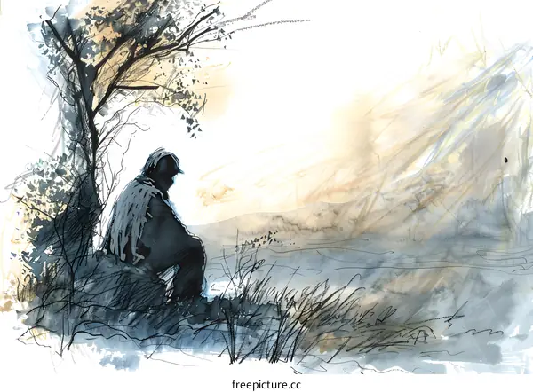 Watercolor Painting of a Man Sitting Under a Tree