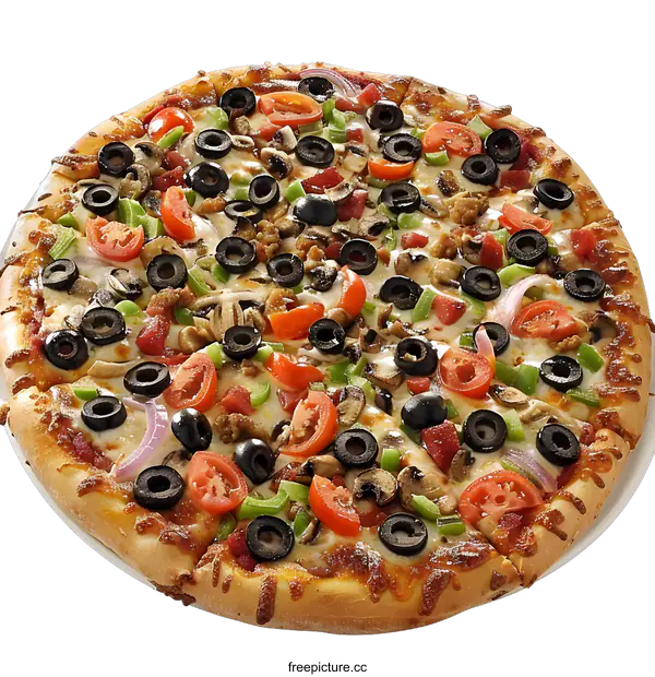 [Transparent Background PNG]Delicious Veggie Pizza with Black Olives, Mushrooms, Green Peppers, and Tomatoes