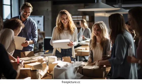 A group of people are working together in a warehouse.