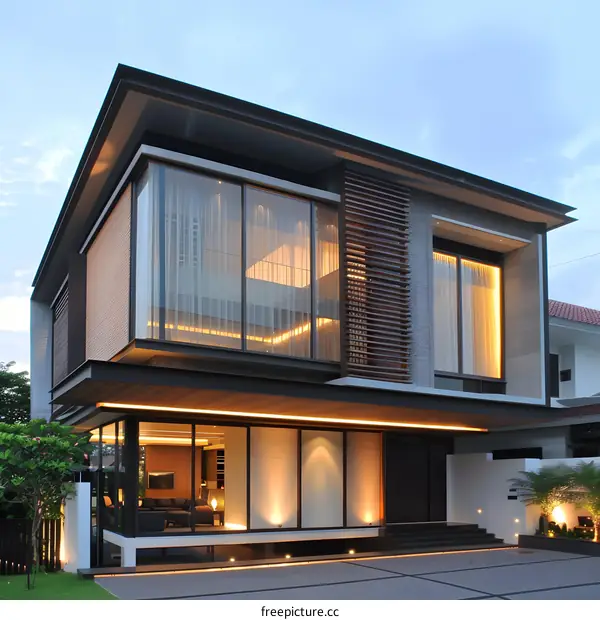 Modern Two Story Home with Large Windows and Outdoor Lighting