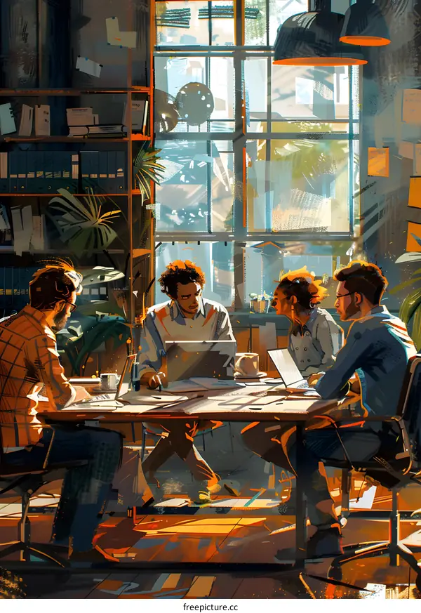 Four people in a meeting discussing ideas