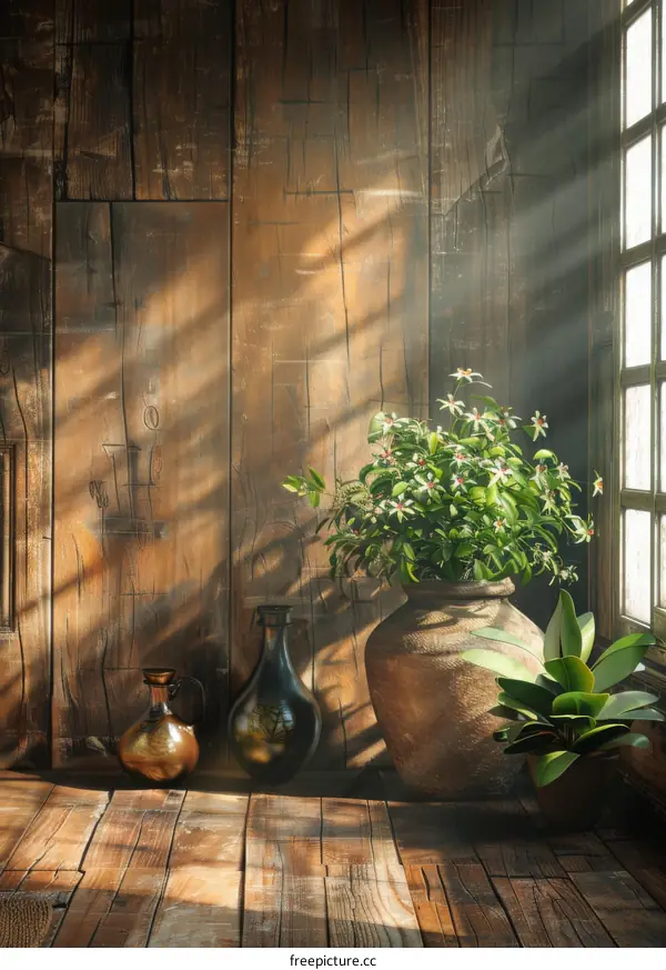 Rustic Wooden Interior with Sunlight and Plants