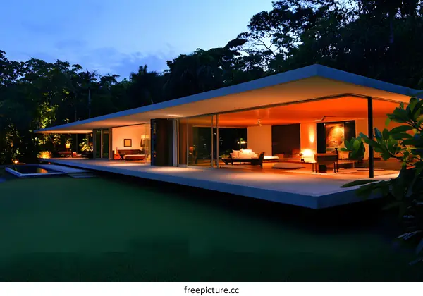 Modern Architecture House with Swimming Pool at Night