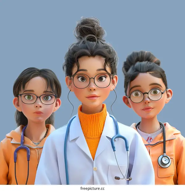 Three female doctors of different ethnicities wearing white coats and stethoscopes