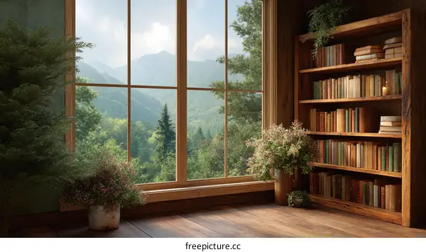 Mountain View Room with Bookshelf and Plants