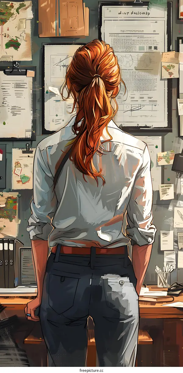 A woman standing in front of a bulletin board