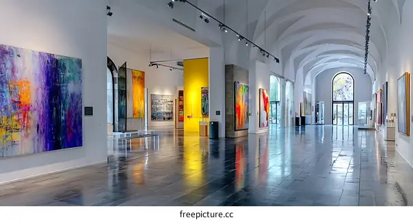 Modern Art Gallery Interior with Colorful Paintings
