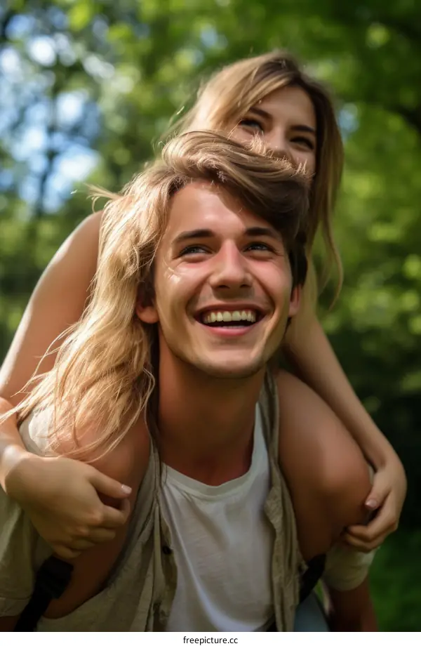 Happy young couple piggybacking in the forest