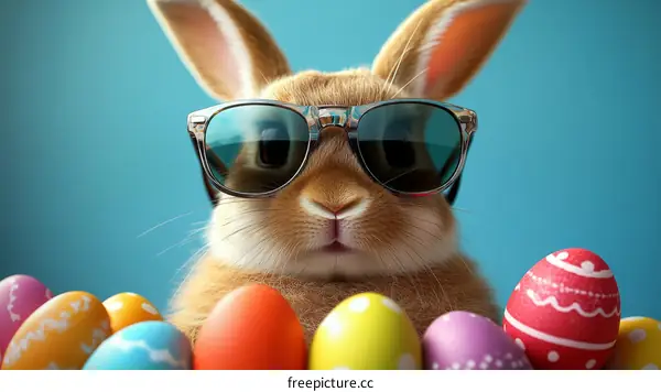 Cute Easter Bunny with Sunglasses and Eggs