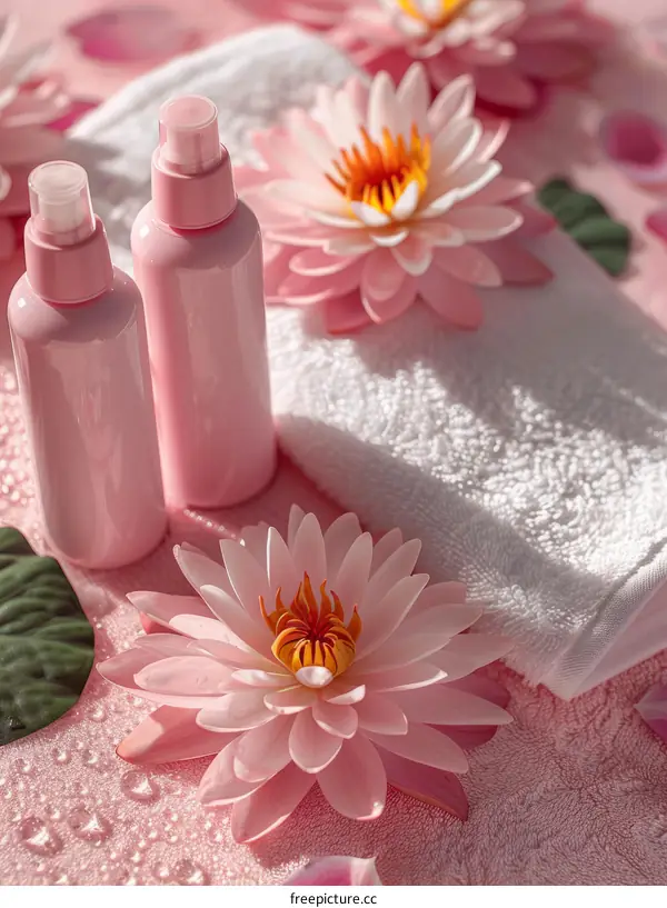 Spa and wellness setting with pink flowers and water drops