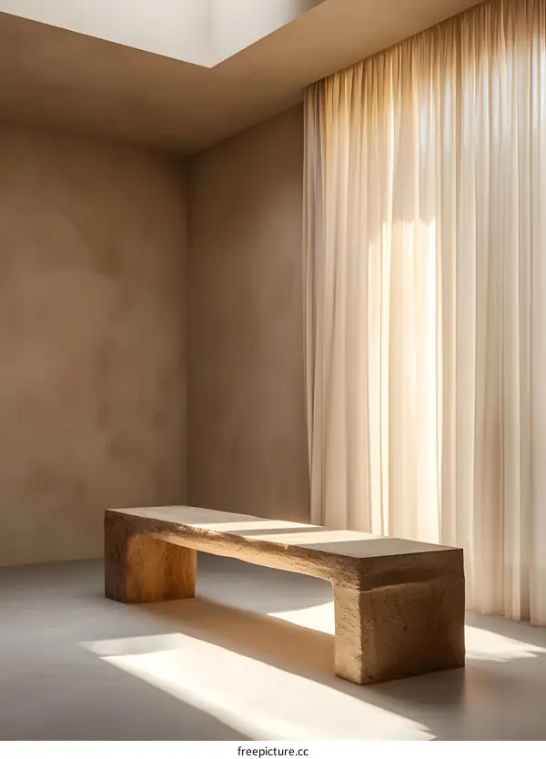 Minimalist Interior Design with Stone Bench and Natural Light
