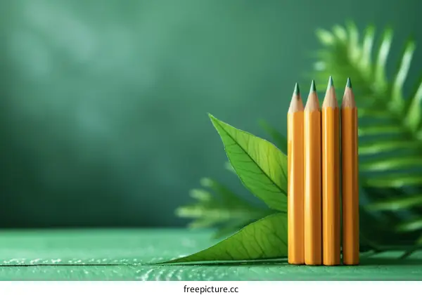 Three yellow pencils and green leaves on a green background