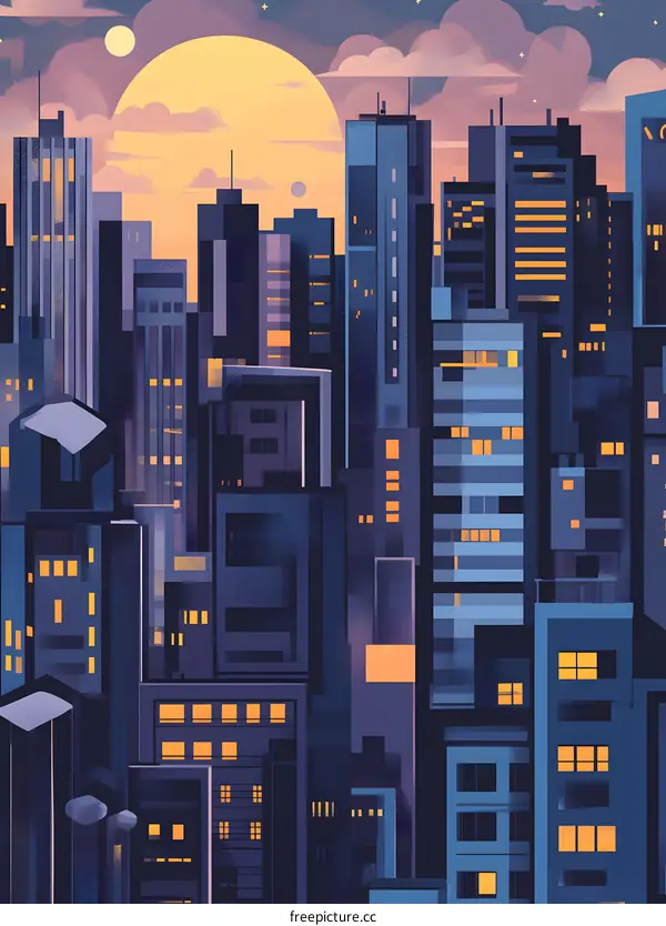 Nighttime Cityscape Illustration with Moon and Stars