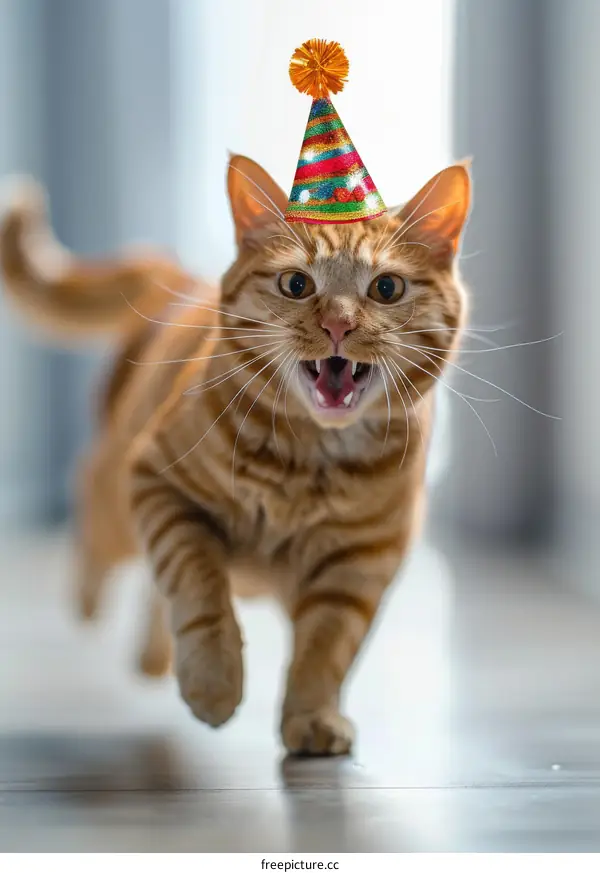 Ginger Cat Wearing Birthday Hat Running