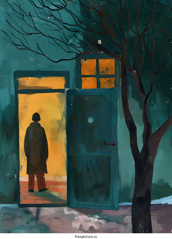 A Man Standing in a Doorway with a Tree in the Background