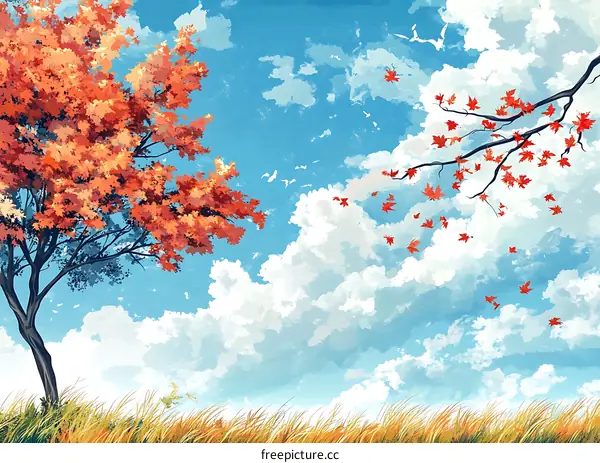 Autumn Tree Landscape with Blue Sky and White Clouds