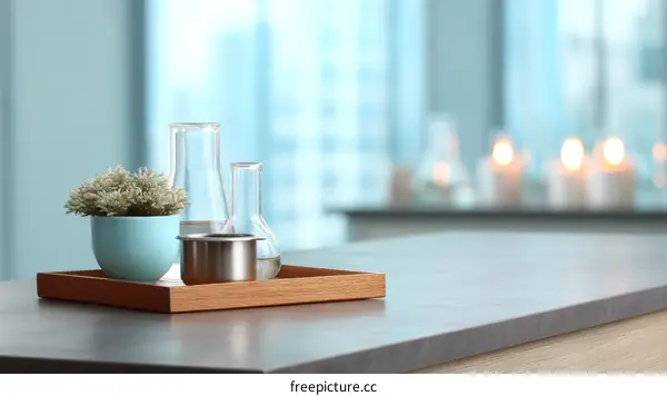 Modern Minimalist Tabletop Display with Glassware and Plants