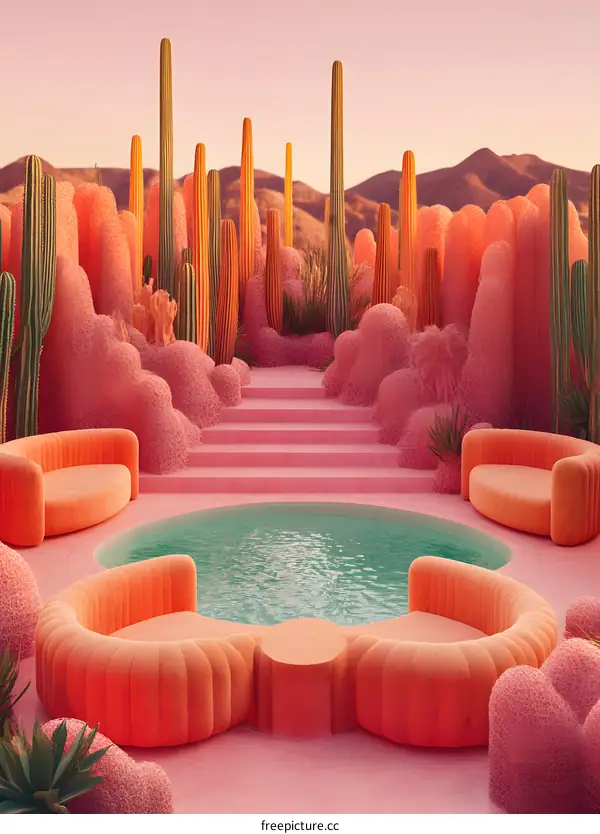 Pink Desert Oasis With Pool And Cactus