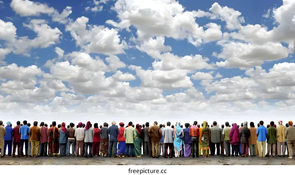 Diverse Crowd Looking Up at the Cloudy Sky