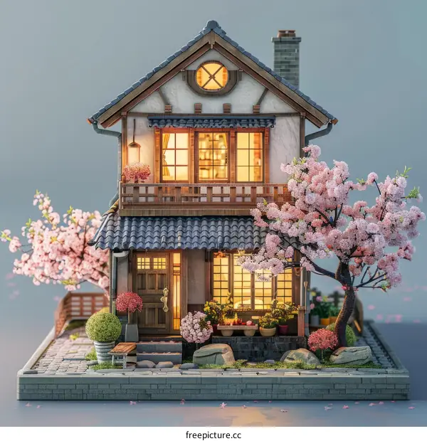 A Traditional Japanese House with Cherry Blossoms