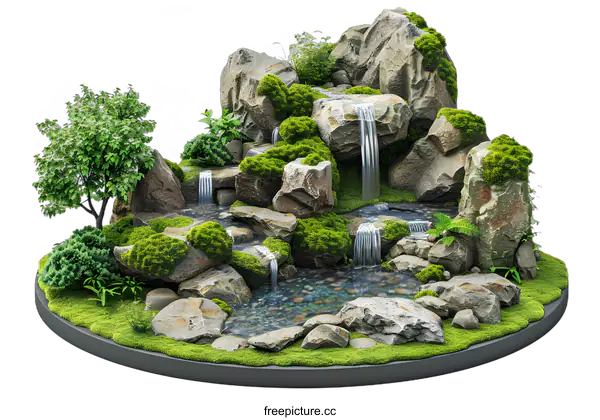 [Transparent Background PNG]Small Miniature Waterfall With Rocks And Plants