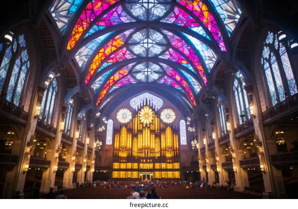Stained glass windows of a church with people sitting in the pews