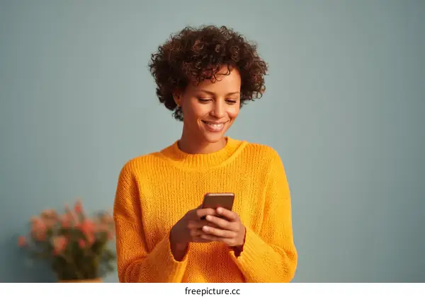 Smiling Woman Using Smartphone in Mustard Yellow Sweater