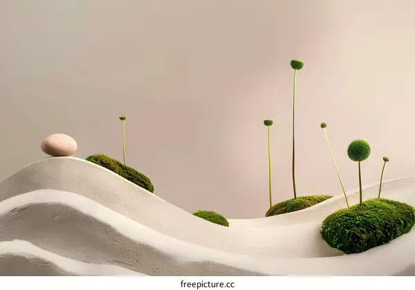 Minimalist Sand Dune with Green Plants and Stone