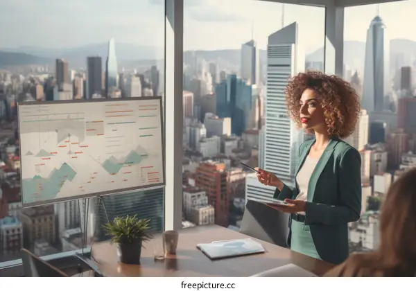 businesswoman giving presentation in skyscraper boardroom