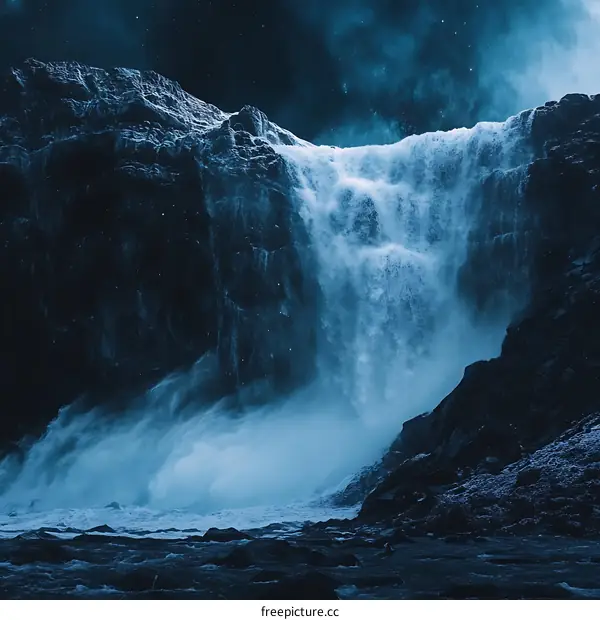 Waterfall Under Night Sky With Stars
