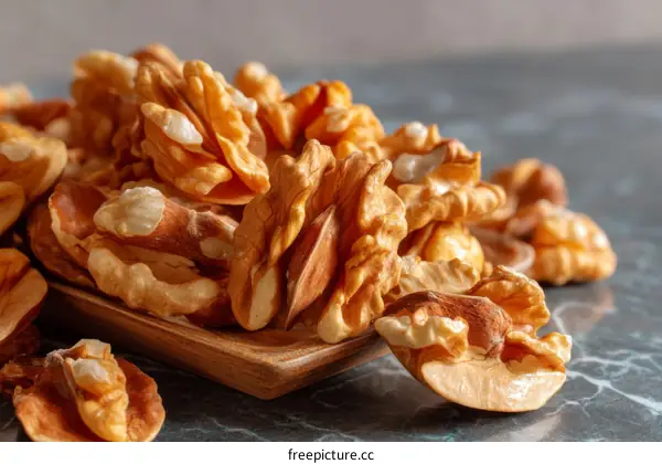 Close up of Walnuts on Wooden Plate