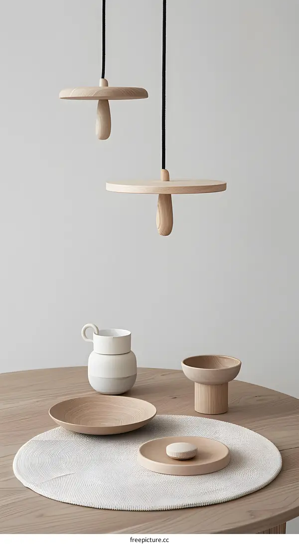 Modern Wooden Pendant Lights and Dining Table Setting