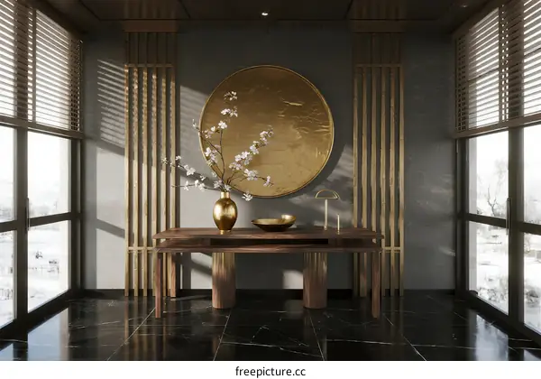 Elegant Modern Living Room Interior with Golden Decor and Wooden Furniture