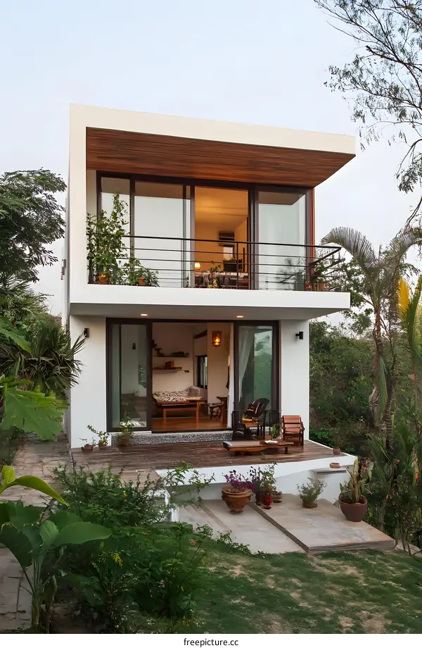 Modern White House with a Wooden Deck and Balcony