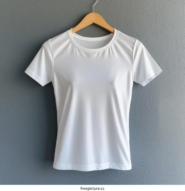 White T-shirt hanging on a wooden hanger against a gray wall