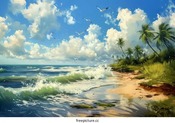 Beach, sea, palm trees, and seagulls