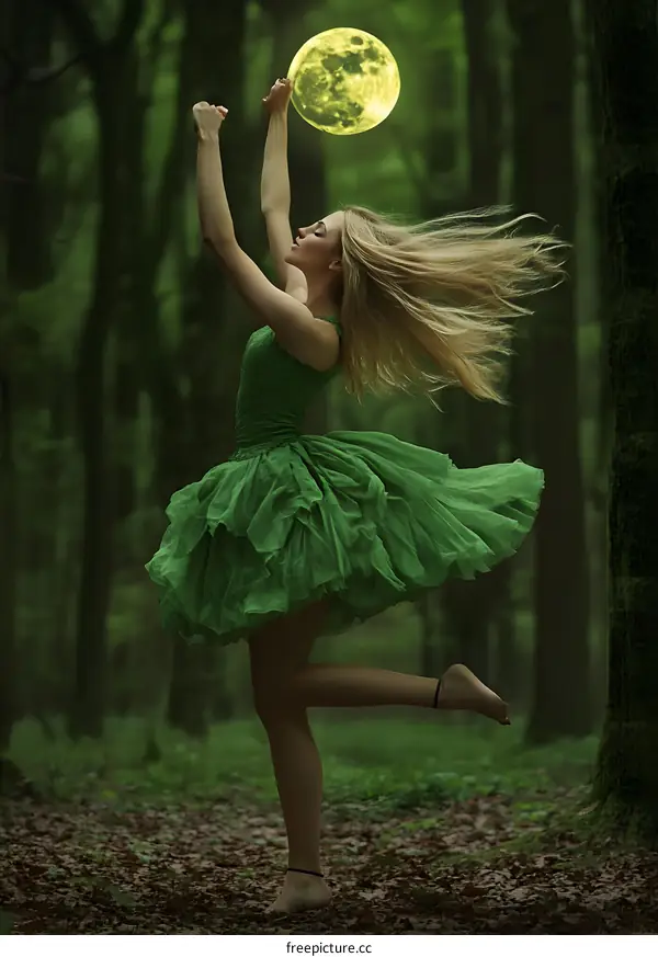 Woman in Green Dress Reaching for Moon in Forest