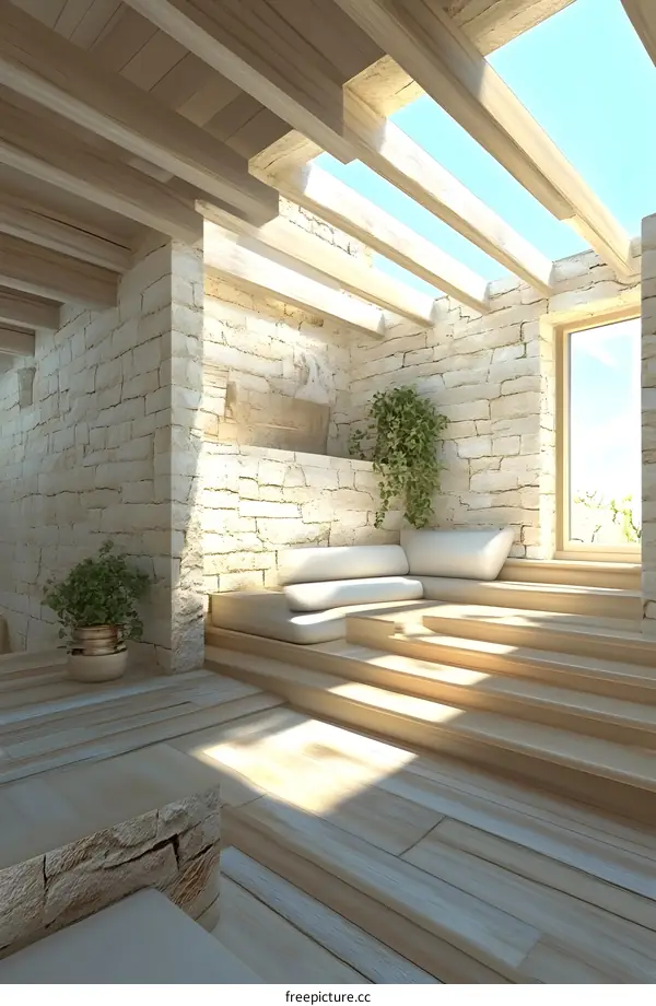 Modern Interior Design With Stone Wall and Wooden Beams