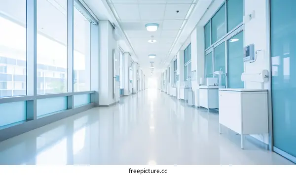 Hospital hallway with blue walls and large windows